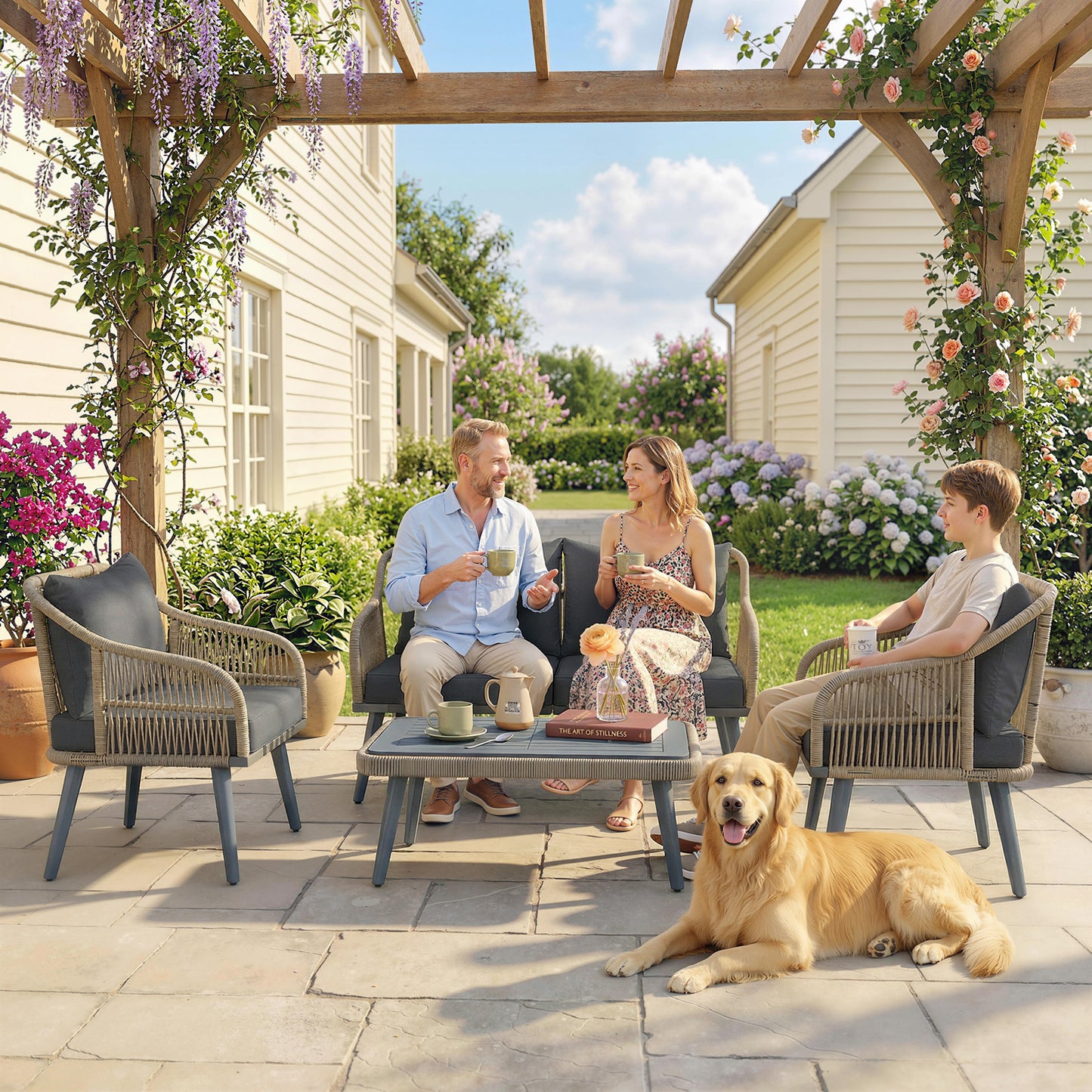 Outsunny 4 Piece Rattan Garden Furniture Set With Loveseat, Armchairs And Wood Table In Grey