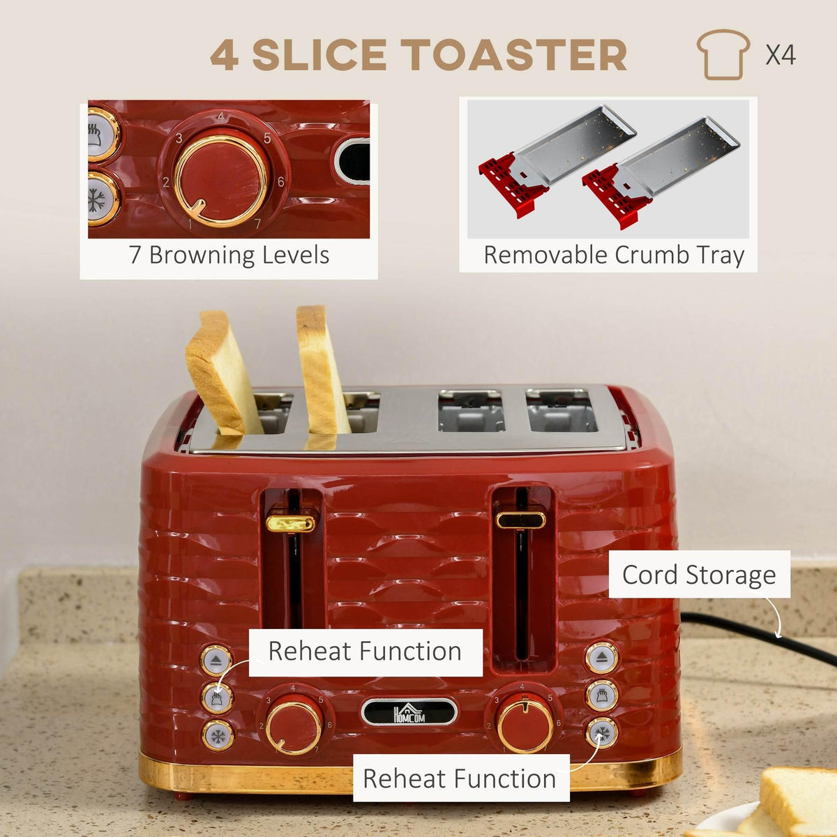 Red 4-slice toaster with removable crumb tray and cord storage