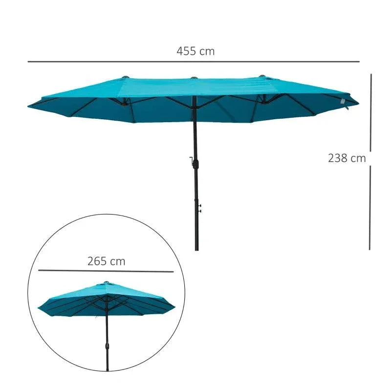 Teal-blue double-sided patio parasol with labeled canopy and pole dimensions