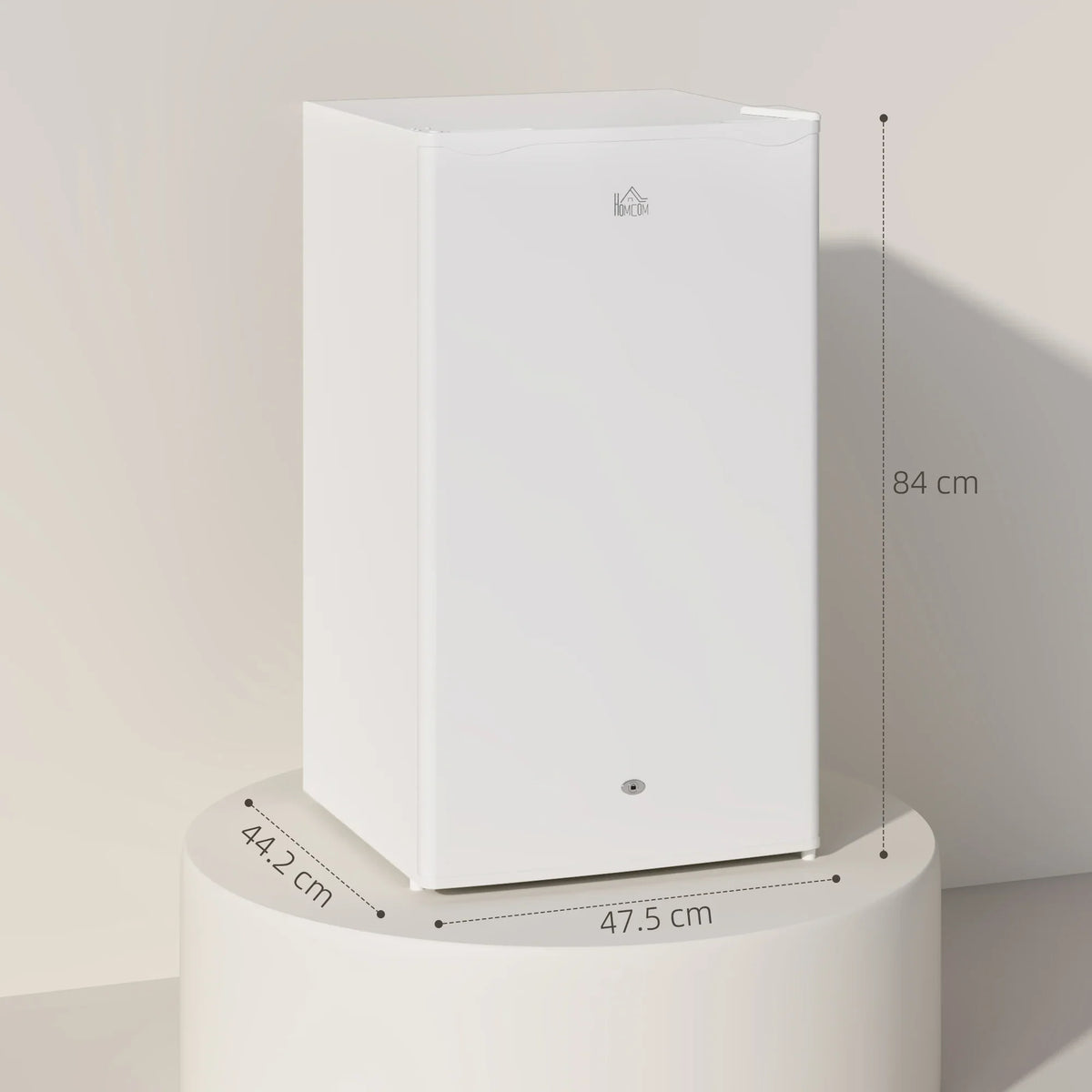 White compact fridge front view with side and base measurements