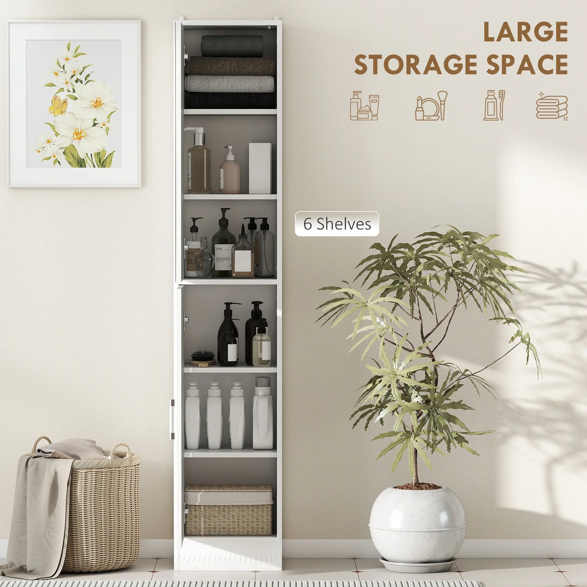 Tall bathroom cabinet with mirrored door open, showing multiple storage shelves in white