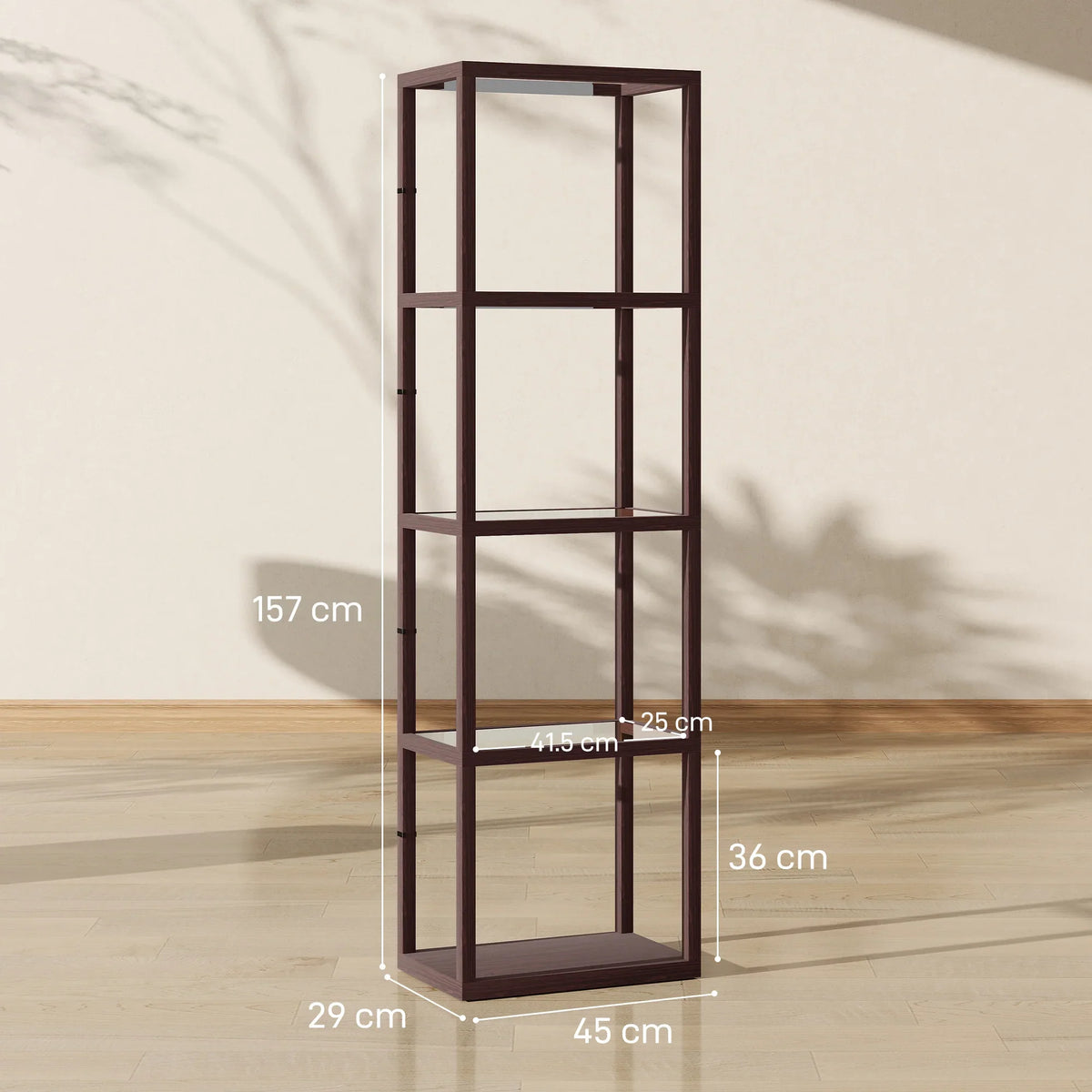 Tall dark brown floor lamp shelf unit with four open tempered-glass shelves