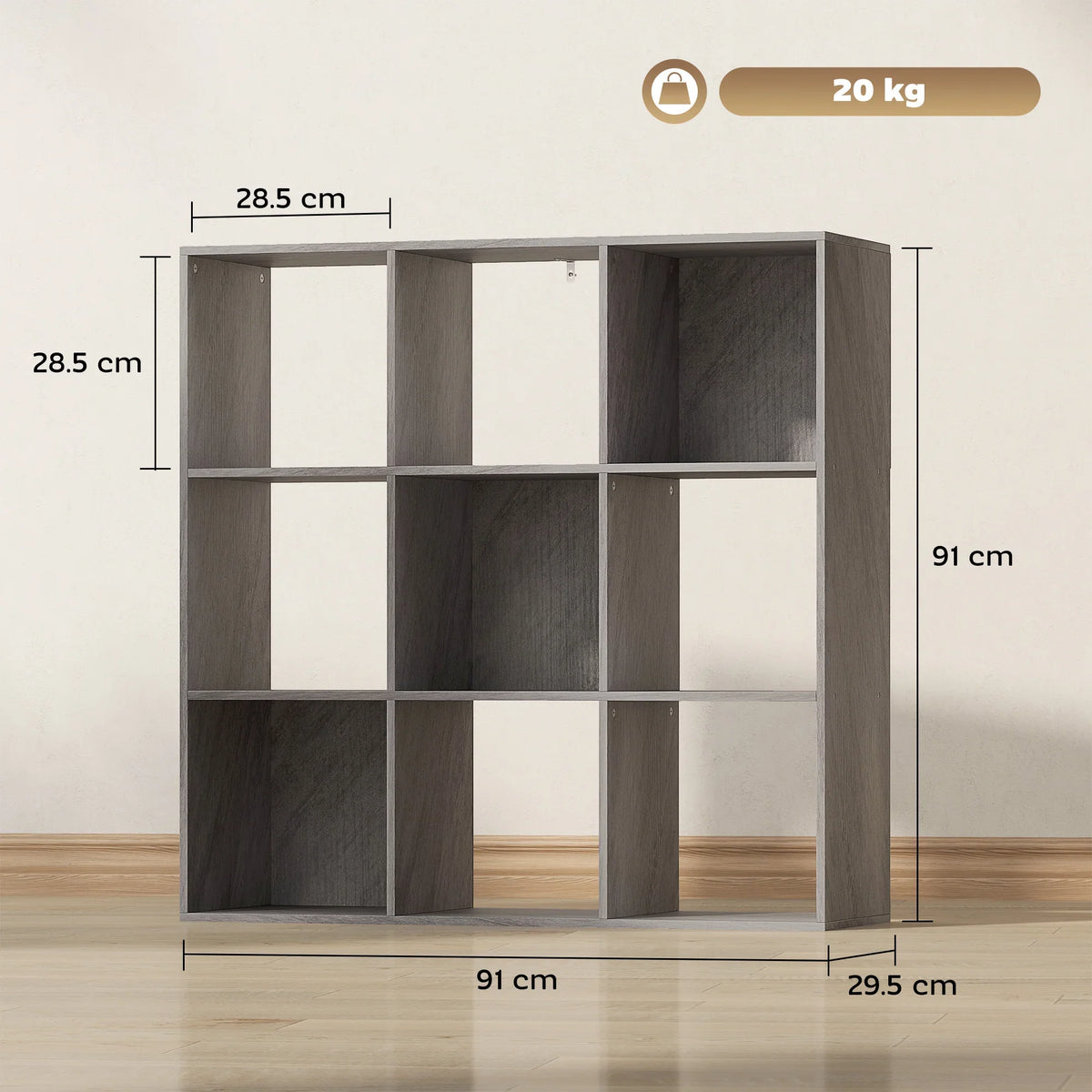Nine-cube storage shelf unit, front view with square cubbies and white side panels