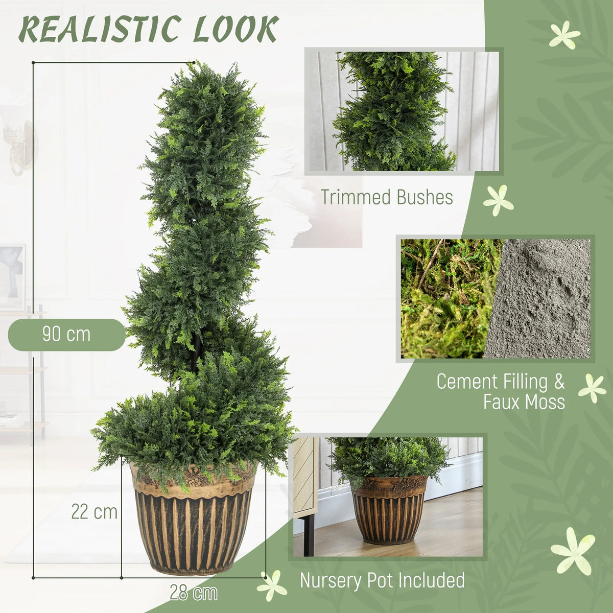 Artificial boxwood spiral topiary tree in a ribbed brown pot