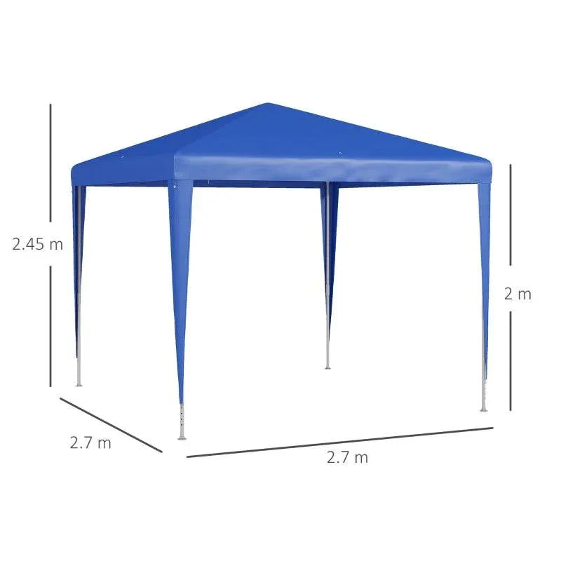 Blue outdoor gazebo canopy with peaked roof, open sides, four corner poles