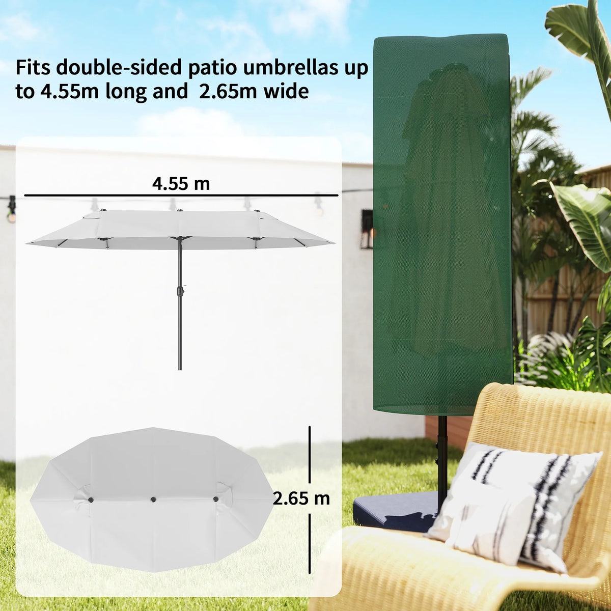 Dark green patio umbrella cover stretched over a double-sided umbrella