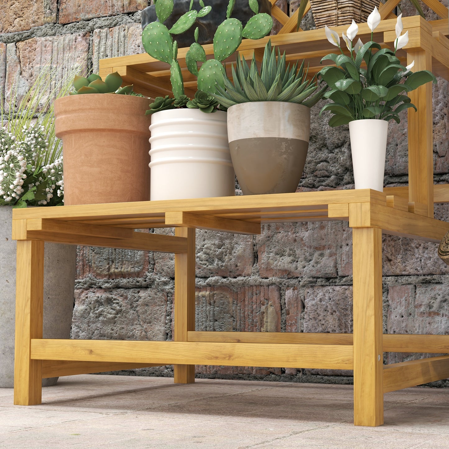 Outsunny Wooden Plant Stand With Trellis Natural Finish Three Part Design For Plants Flowers Vines