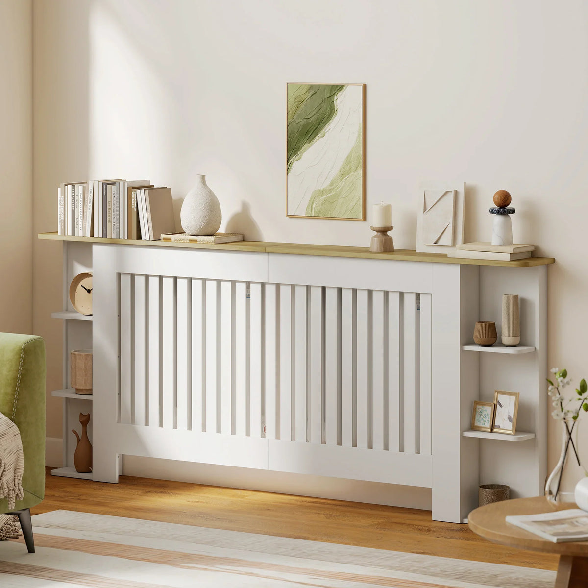 White radiator cover with slatted front and open side shelves for books and decor