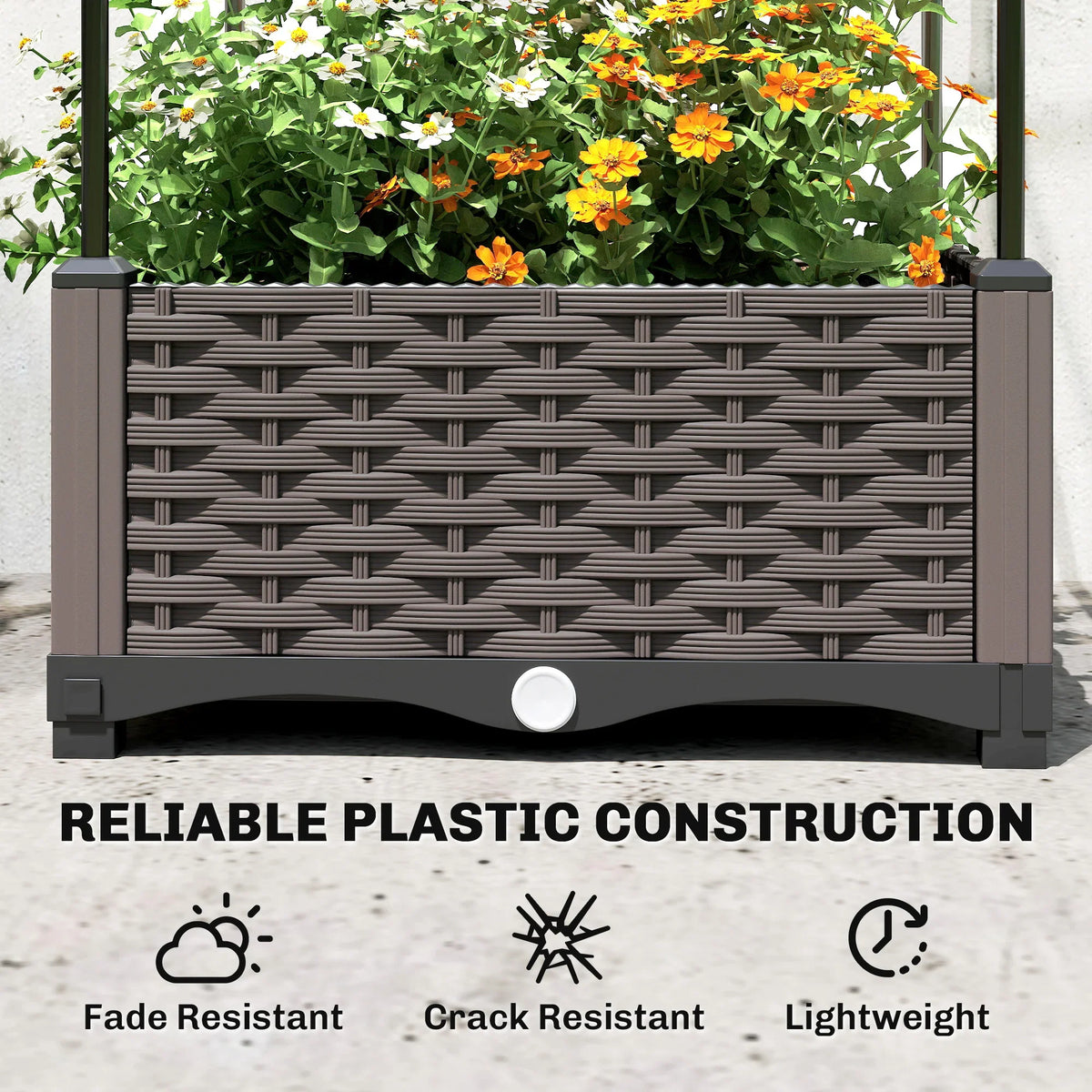 Gray plastic raised planter box with trellis, woven texture panels and round drainage cap