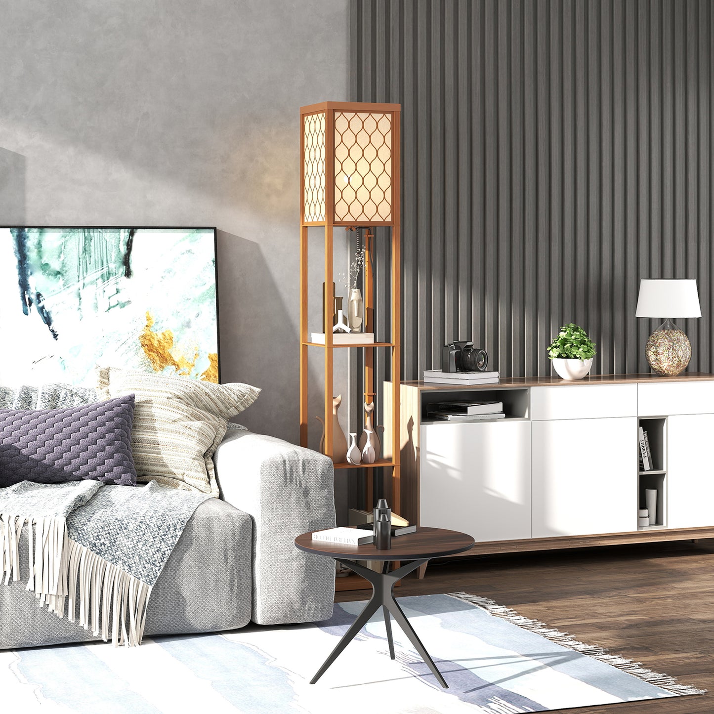 HOMCOM Three Shelf Standing Lamp Natural Wood Finish Tall Narrow Design With Overhead Reading Light And Storage