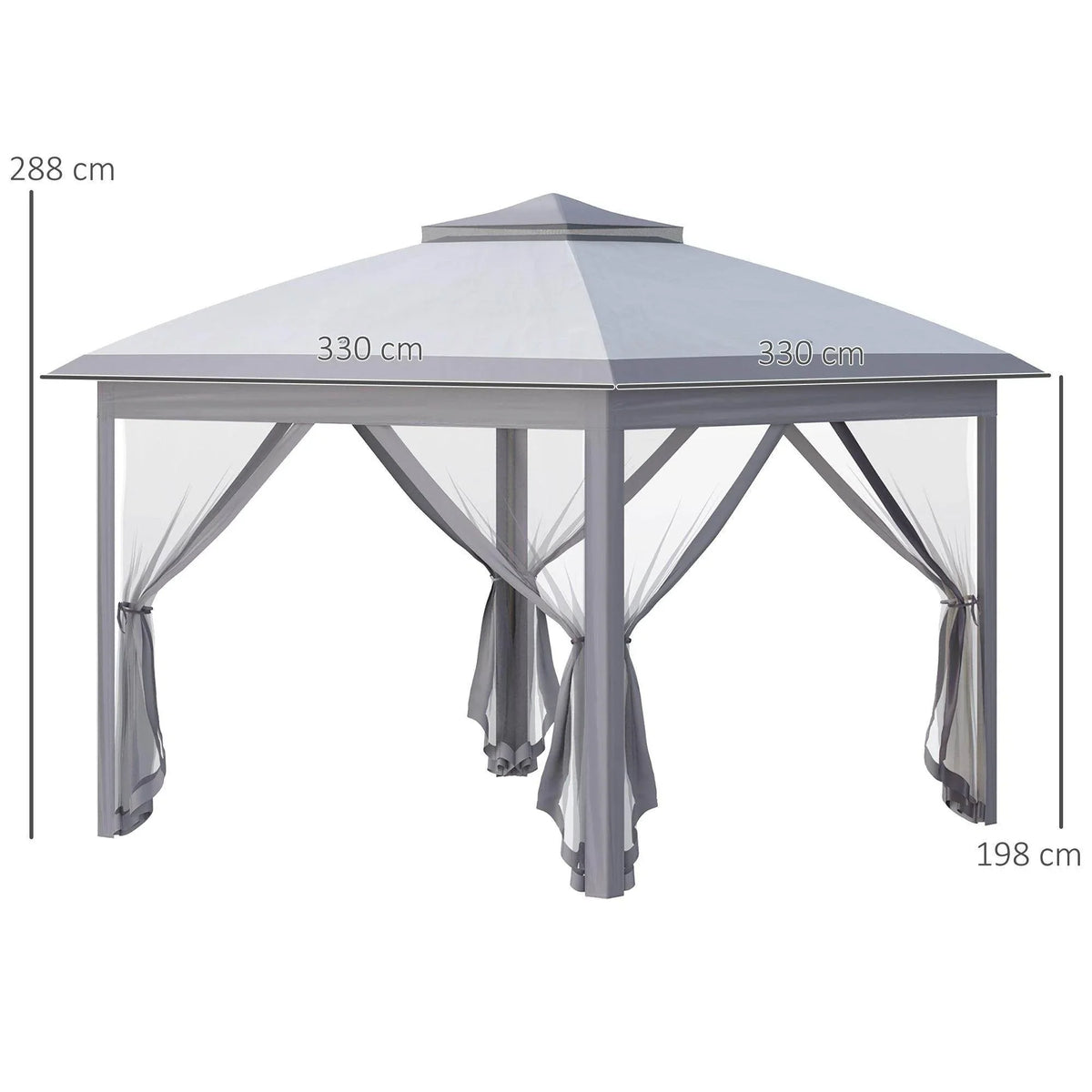 Grey pop-up gazebo canopy with hanging curtains and enclosed mesh side panels.