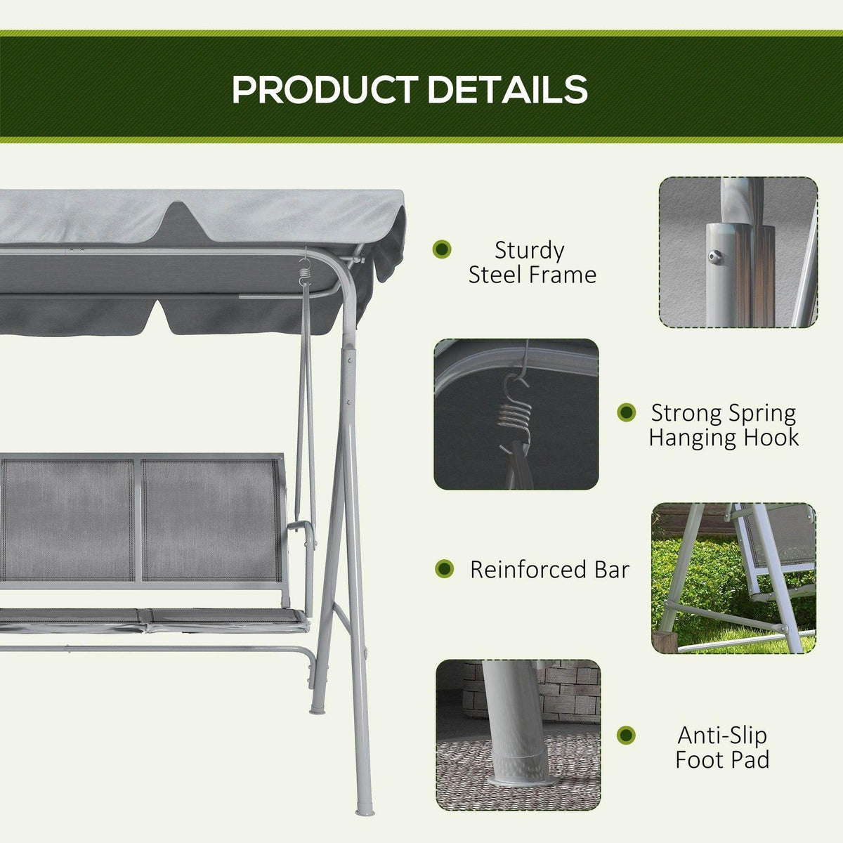 Light gray metal swing chair frame with reinforced bar and spring hanging hook