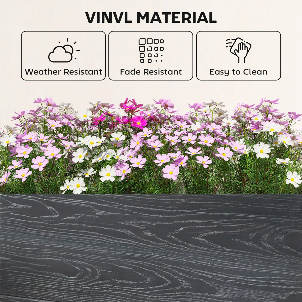 Dark grey vinyl raised garden bed wall with wood-grain pattern and cleanable surface