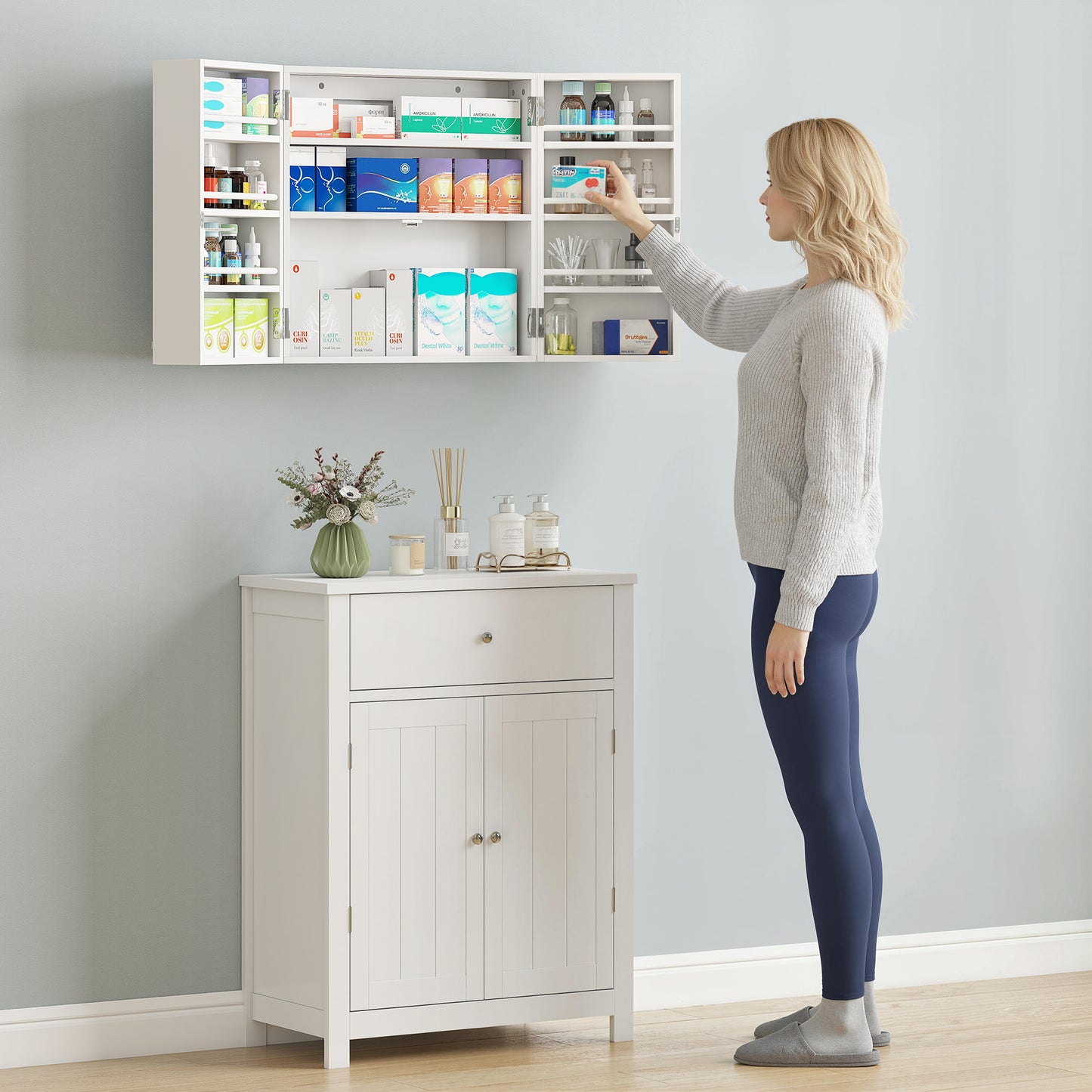 HOMCOM Wall Mount Medicine Cabinet With Lock, 2 Doors, 11 Storage Compartments, 3 Tier First Aid Organizer, White