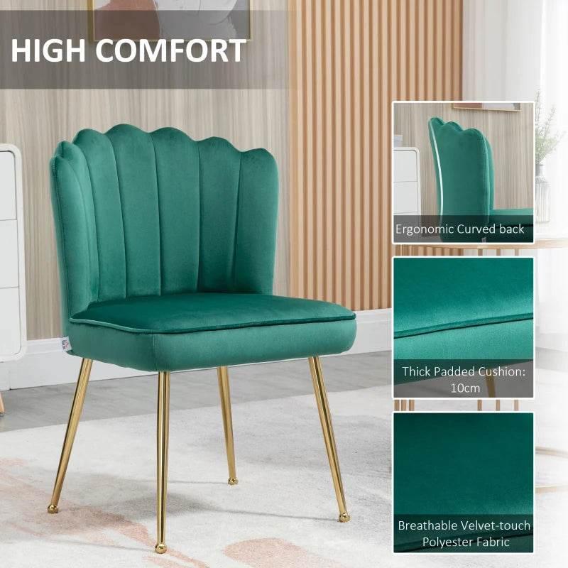 Green upholstered shell dining chair with thick padded seat and gold metal legs
