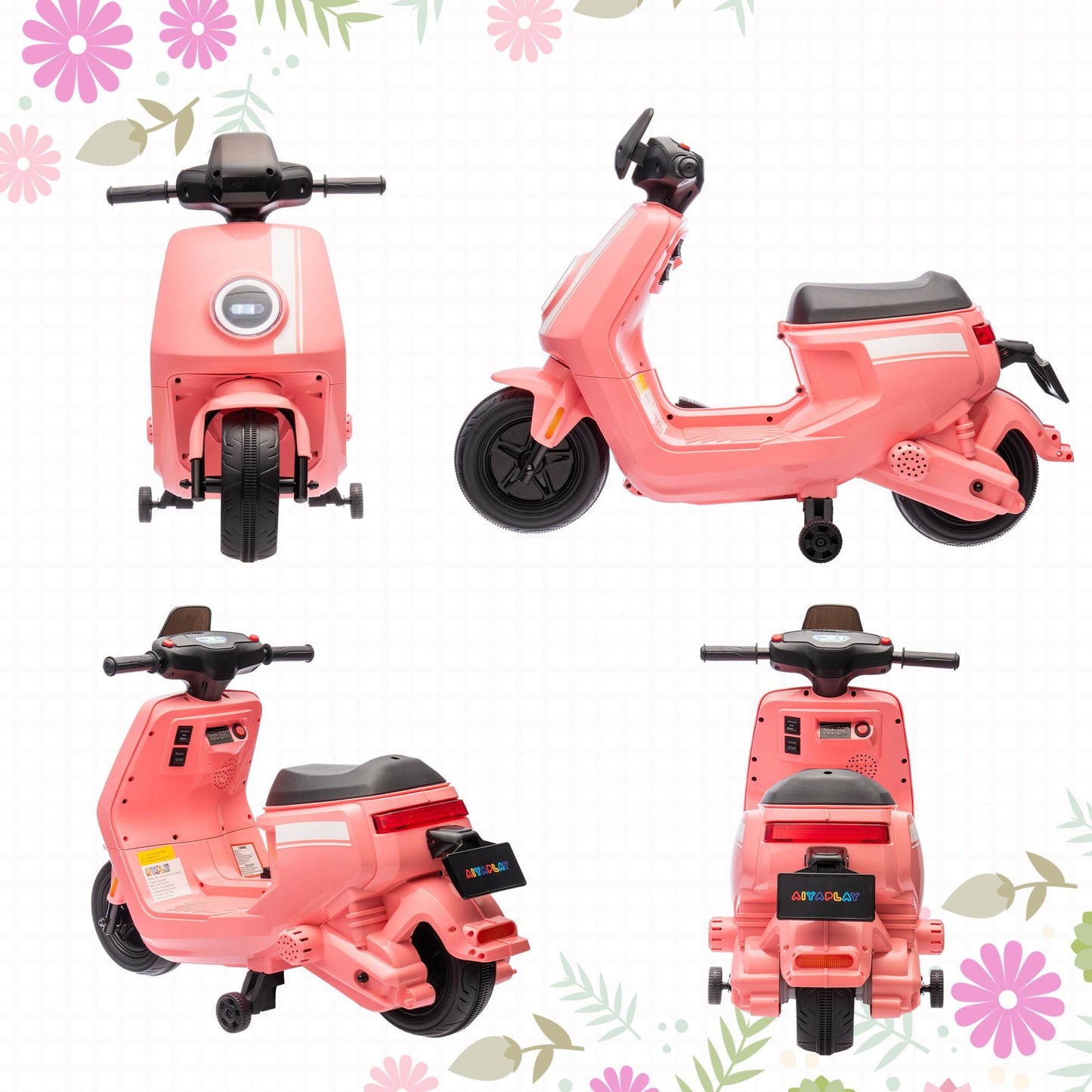 AIYAPLAY Pink Electric Motorbike for Kids - 6V Ride-On with Music, Headlights, and Training Wheels for Ages 18-36 Months - ALL4U RETAILER LTD