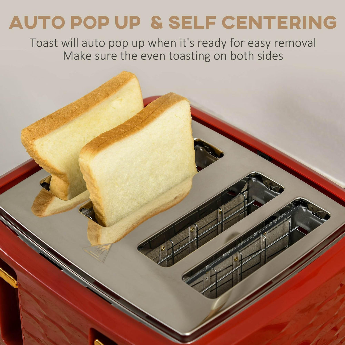 Red 4-slice toaster with self-centering slots and two bread slices