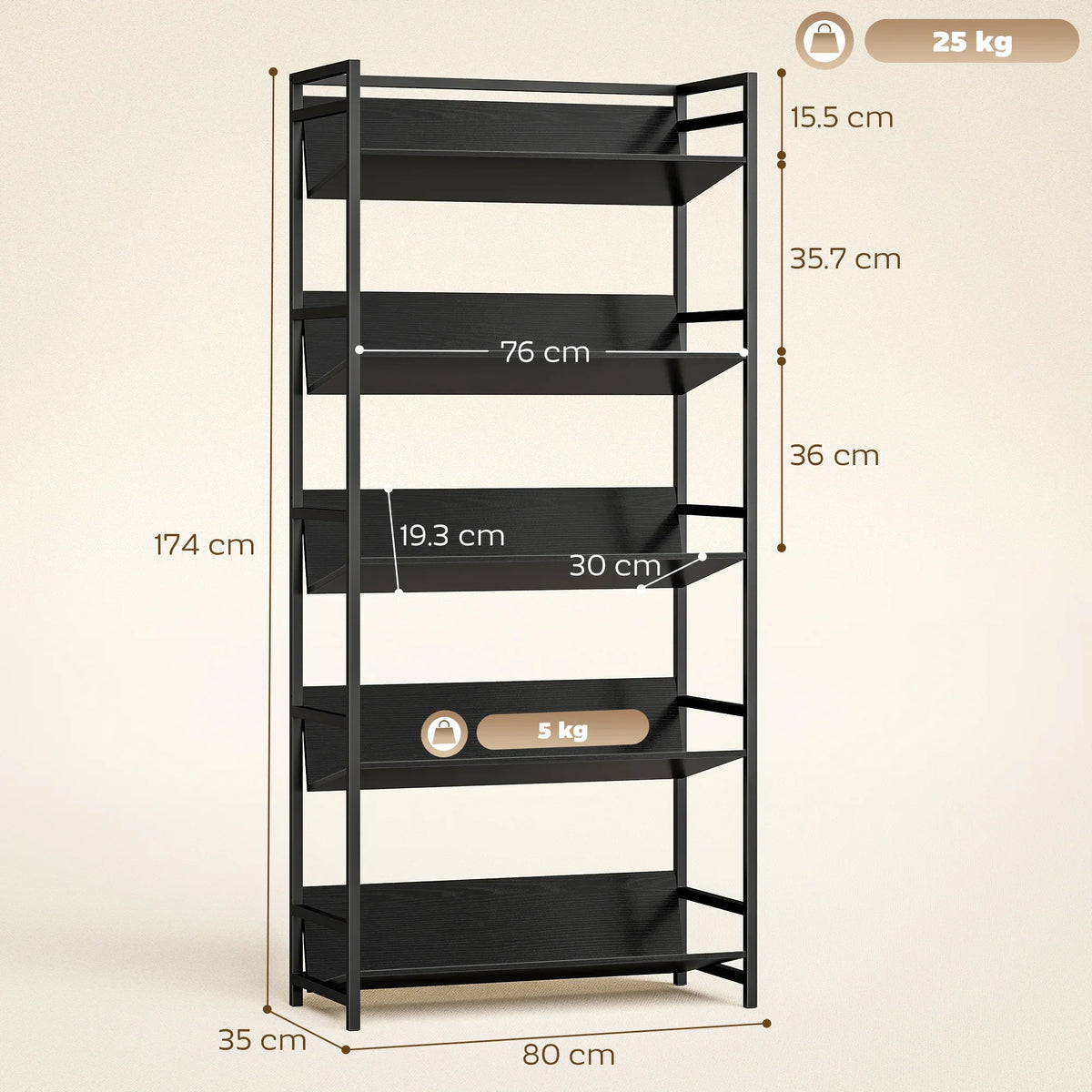 Black 5-tier bookcase with open rectangular shelves and side supports, front view