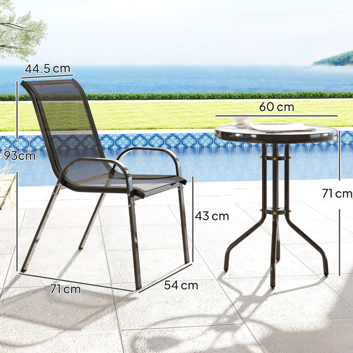 Two stackable dark mesh chairs with round metal bistro table, outdoor patio set
