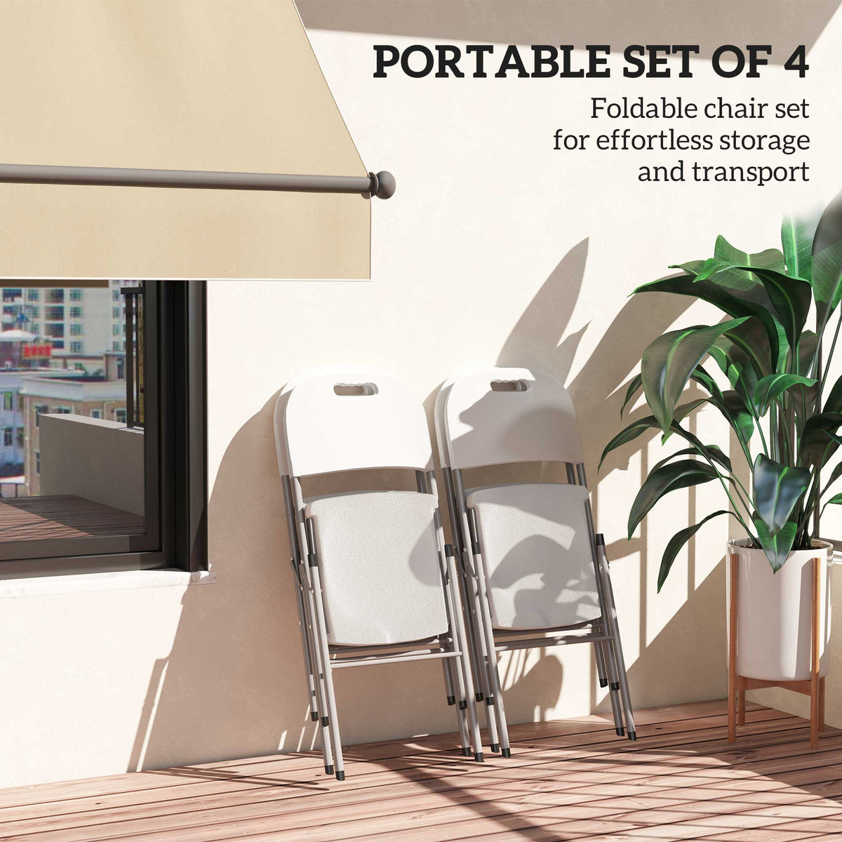 Set of four portable white folding chairs with carry handles on an outdoor patio.