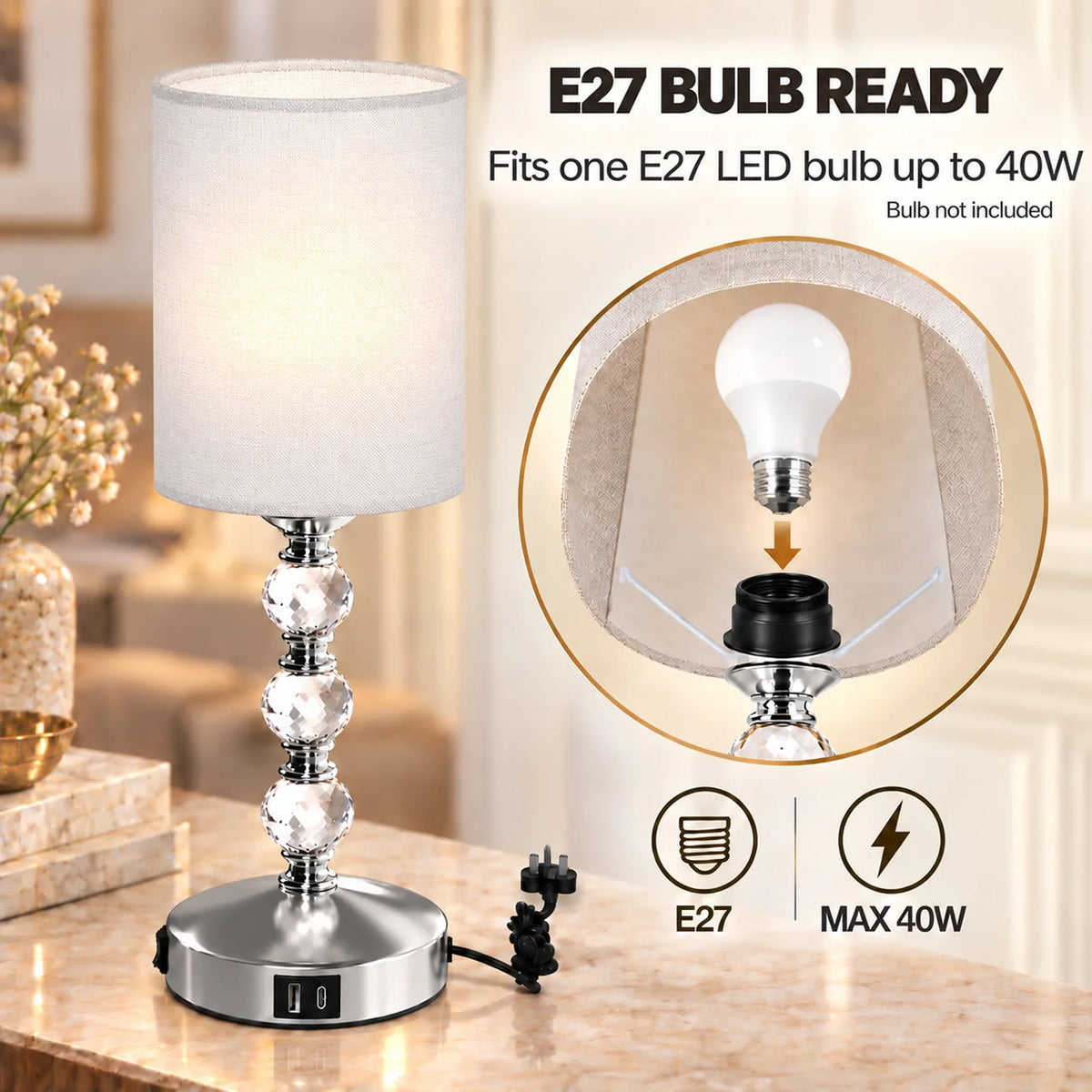 Crystal bedside table lamp with white fabric shade and E27 bulb-ready base