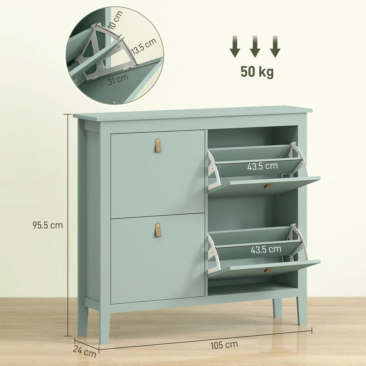 Green slim shoe cabinet with two drawers and side open shoe shelves, front view