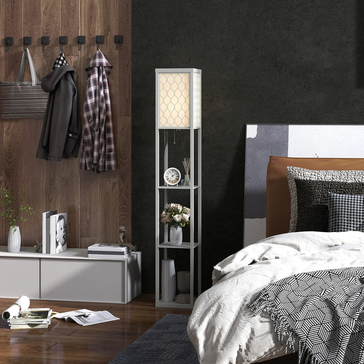 Three-shelf standing lamp with honeycomb shade and gray-and-white frame in bedroom