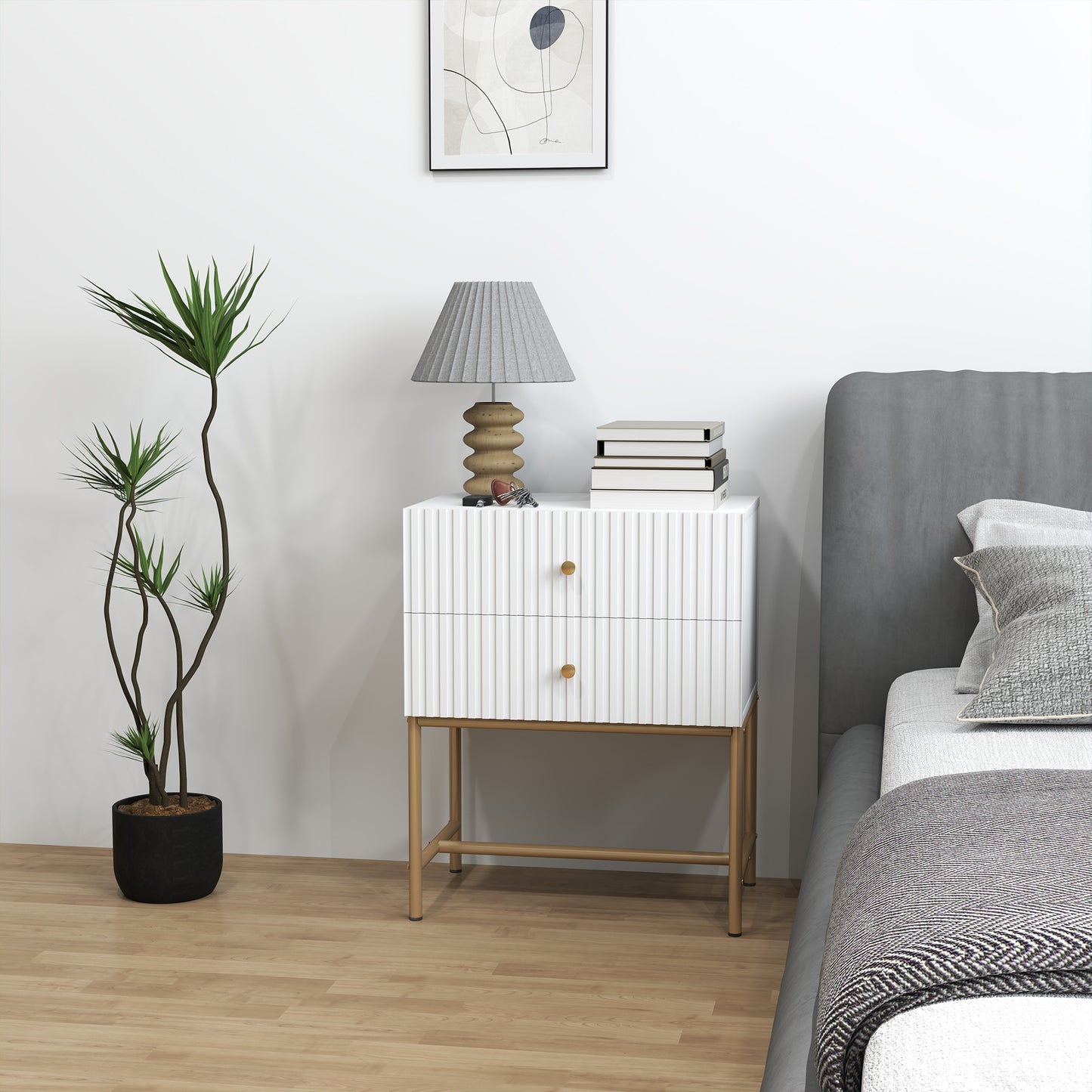 HOMCOM Elegant Two Drawer Bedside Table White With Gold Tone Handles And Metal Base
