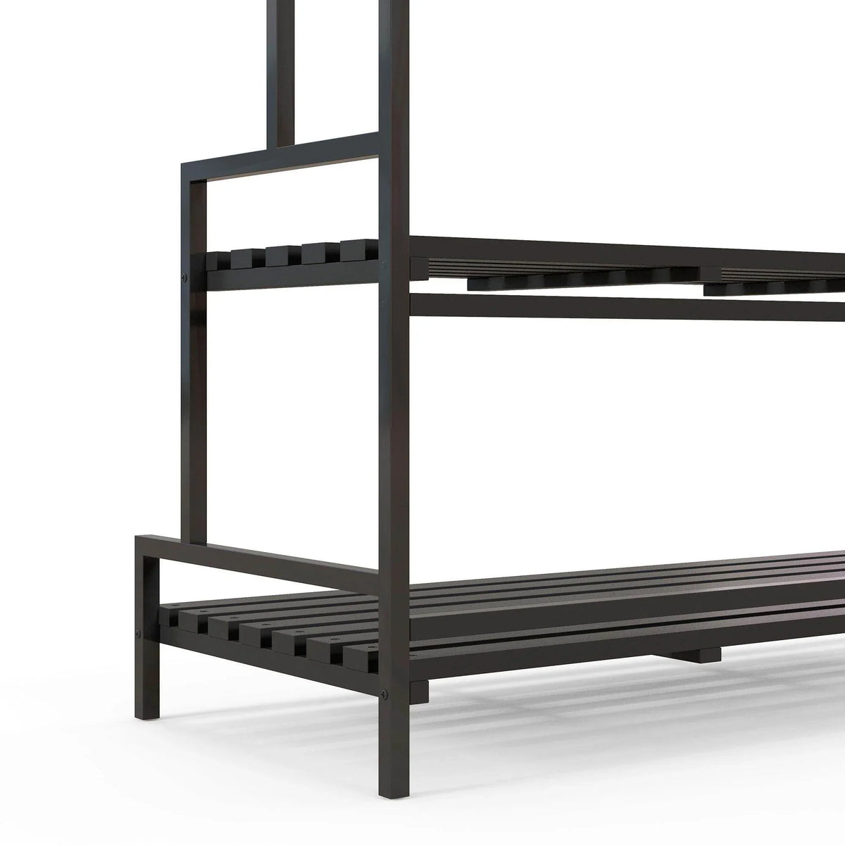 Black metal plant stand frame with slatted lower shelf and tiered support bars