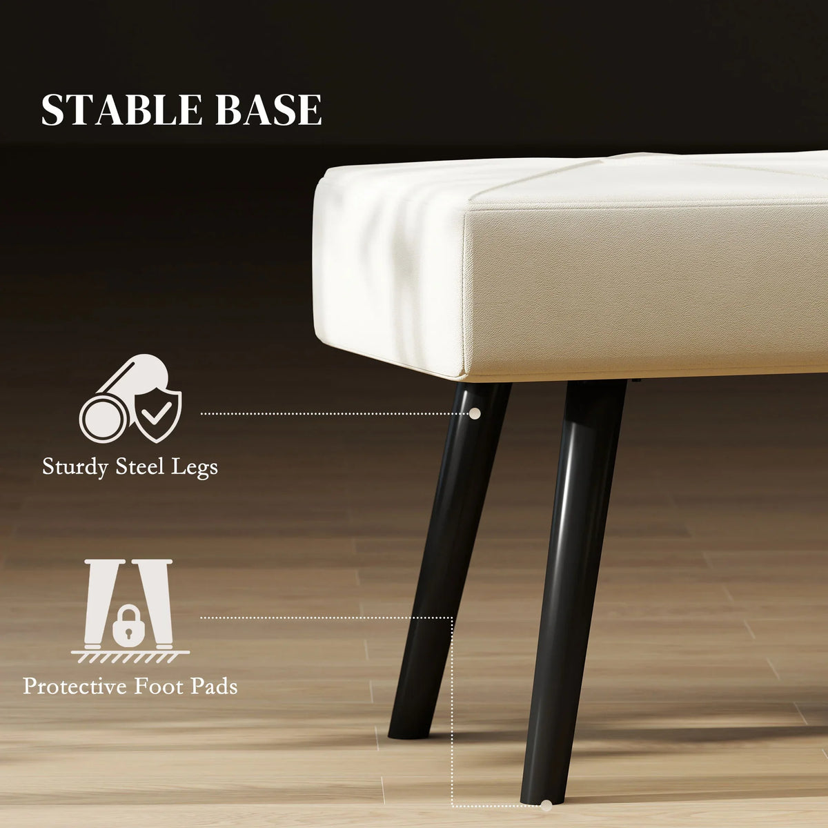 Cream bench with black steel legs and protective foot pads