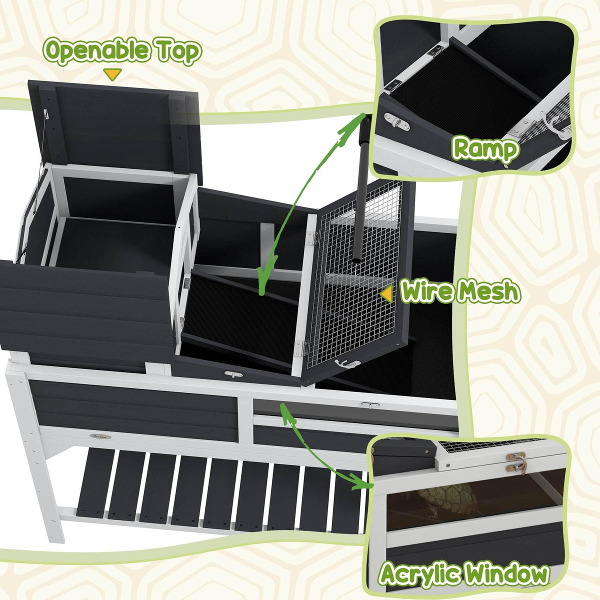 Two-level grey tortoise habitat with open top, ramp section, and wire-mesh side