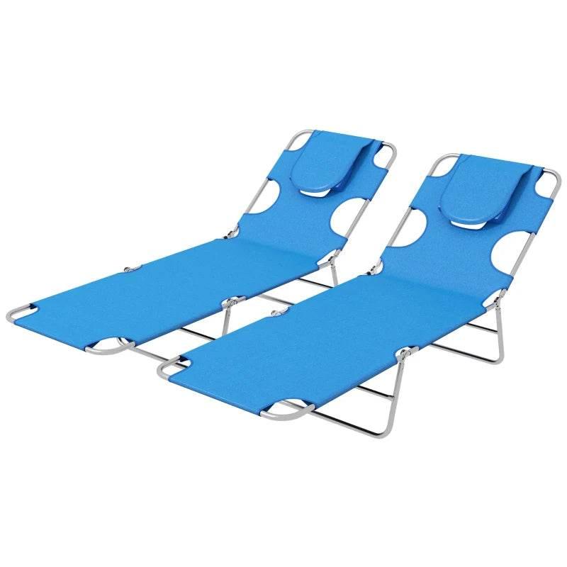 Pair of blue adjustable reclining sun loungers with metal frames and padded headrests