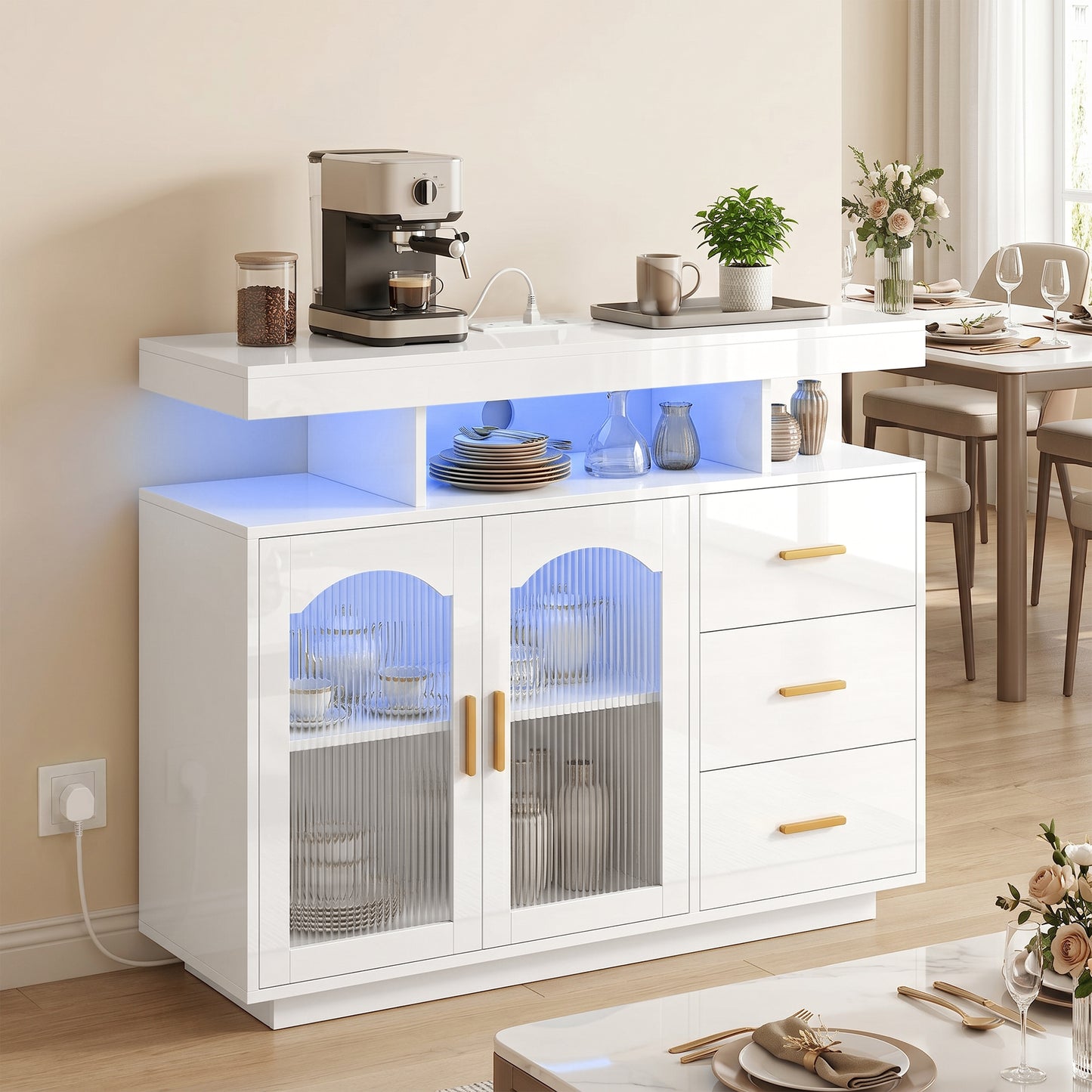 HOMCOM High Gloss Sideboard With LED Lights Built In Power Outlets 3 Drawers Shelves And 2 Acrylic Doors White