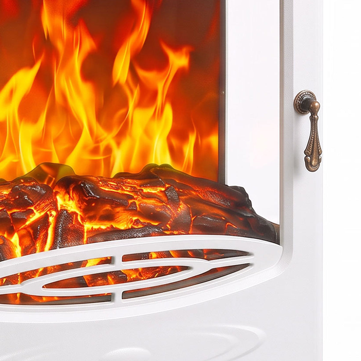 Close-up of bright orange flames behind the electric fireplace front glass panel