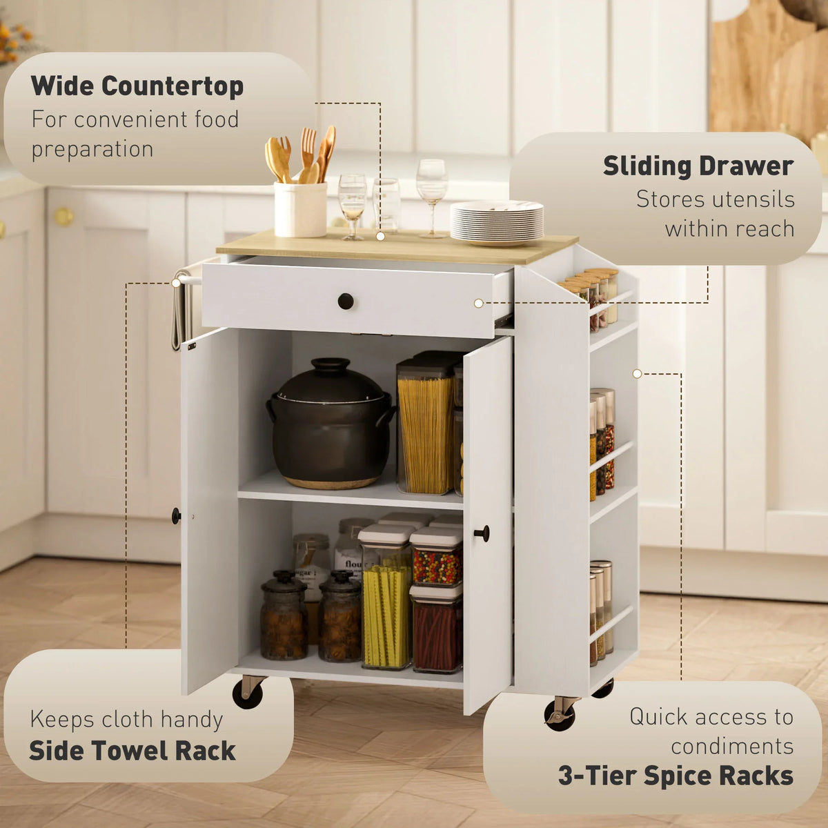 White kitchen island with sliding drawer, open shelves, towel bar, and 3-tier spice rack