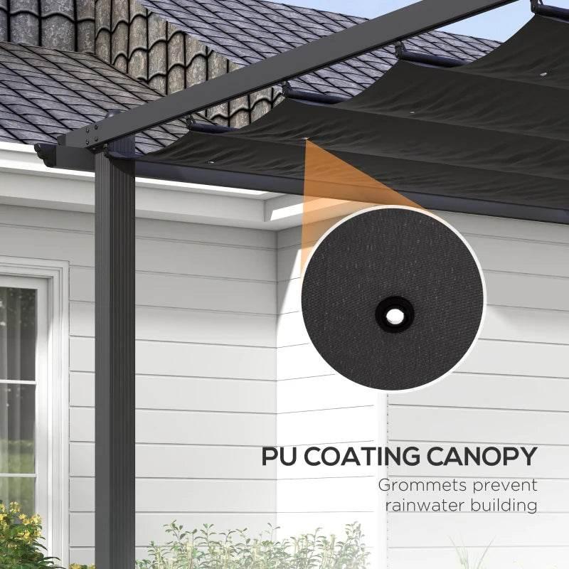 Dark grey pergola with rolled retractable canopy and fabric grommets