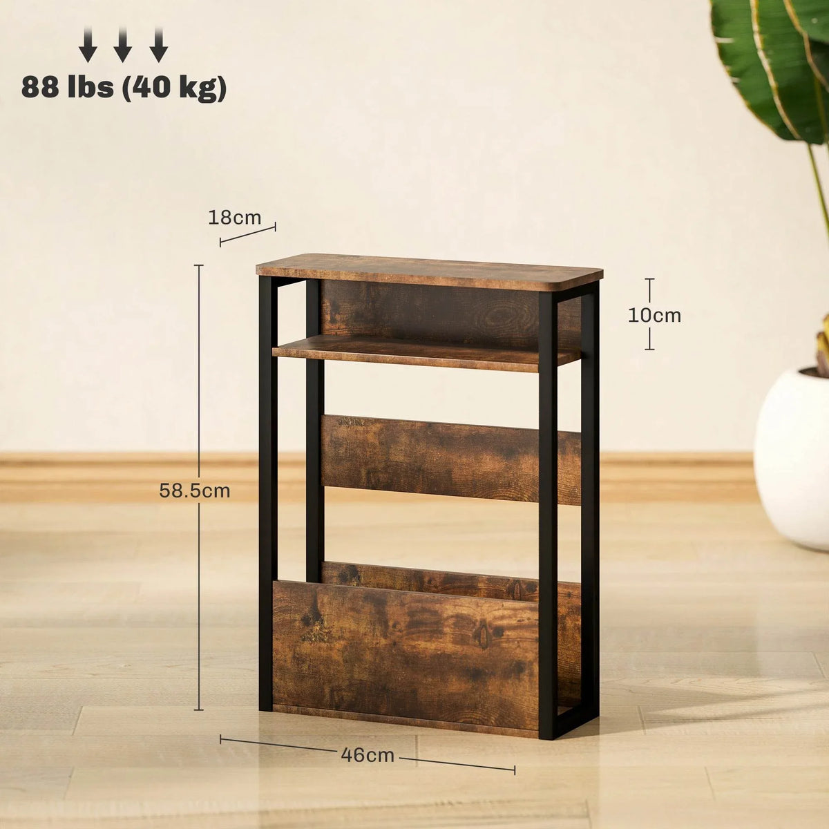 Rustic industrial side table with black frame and two open shelves, front view