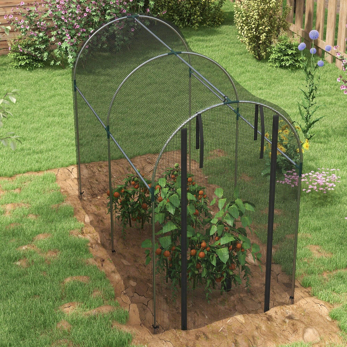 Black arched plant protection tent over a garden bed with mesh sides and supports.