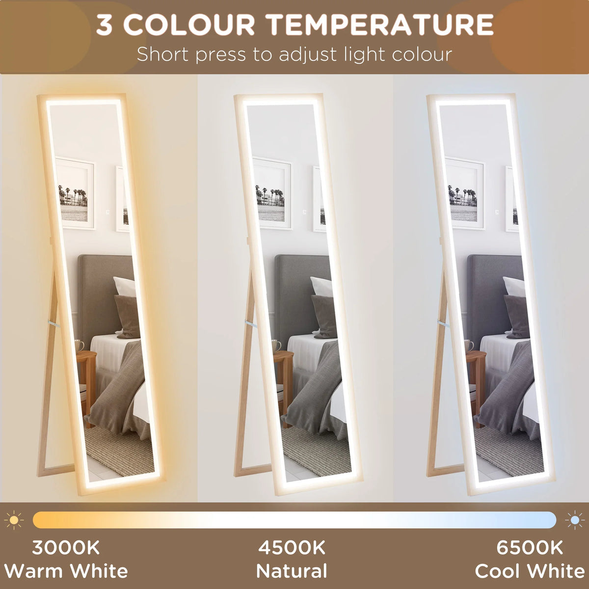 Three full-length LED mirror views in oak frames, showing different light temperatures