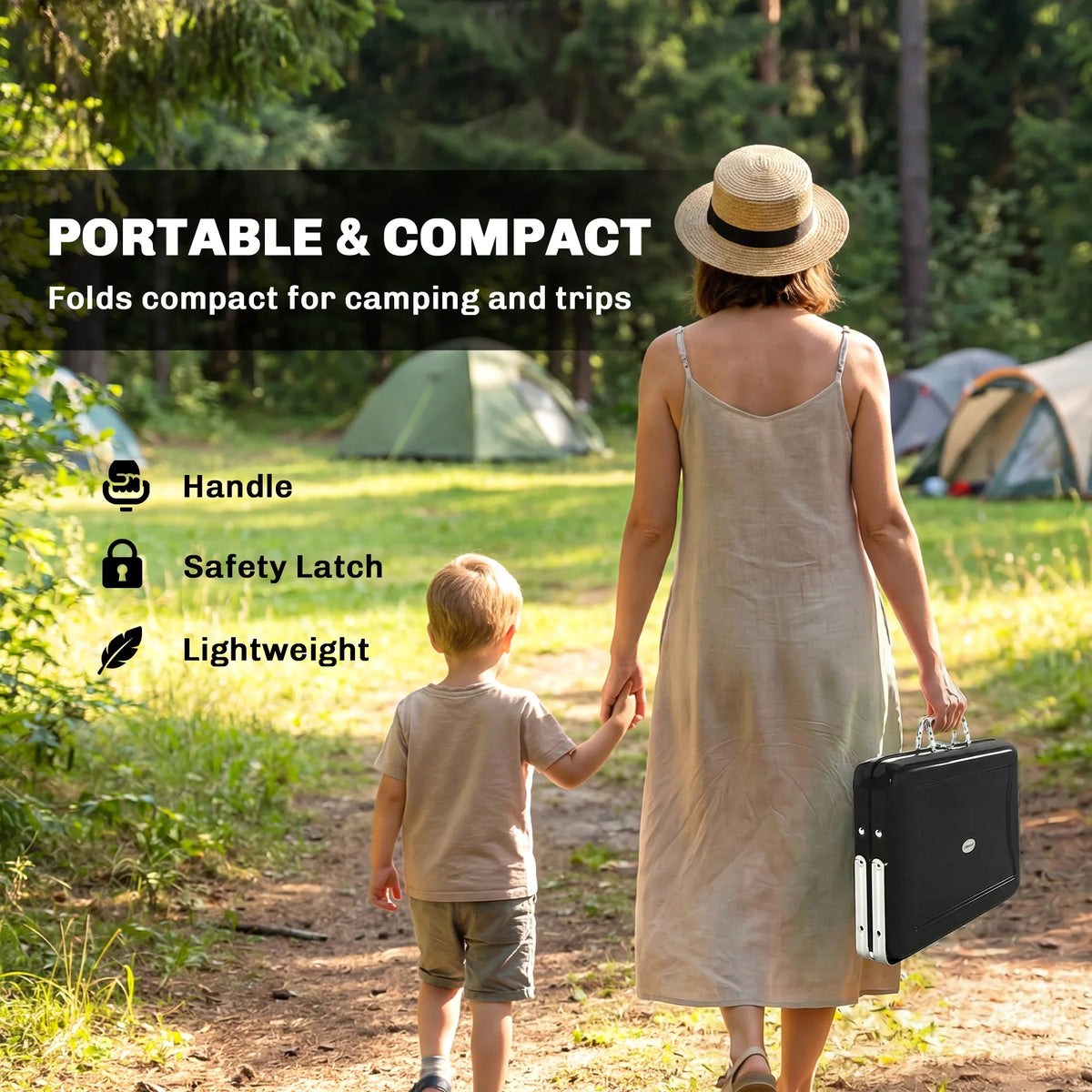 Compact portable charcoal grill, black body with carry handle for camping trips.