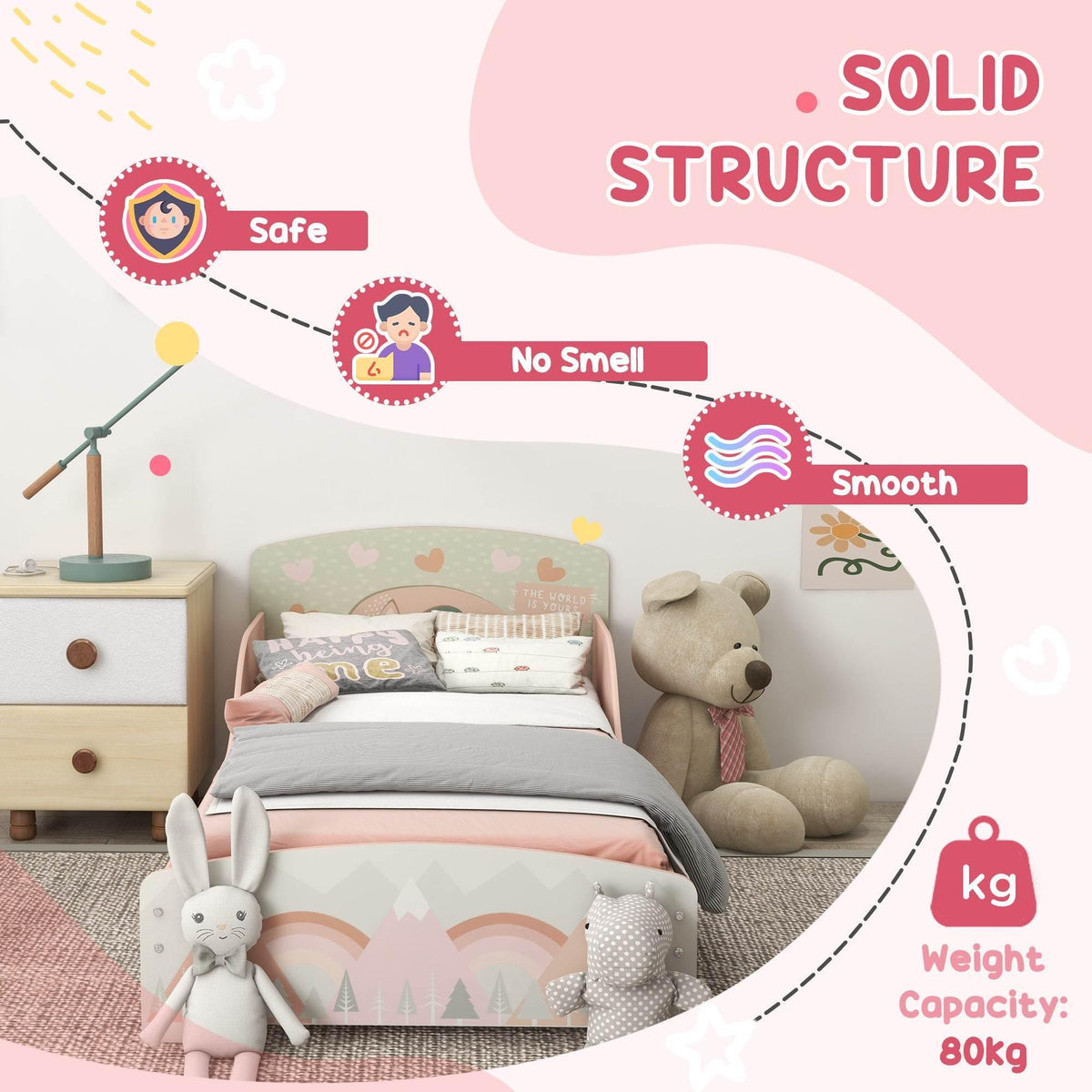 Pink kids bed with mountain print front panel, gray bedding, and stuffed bunny and bear.