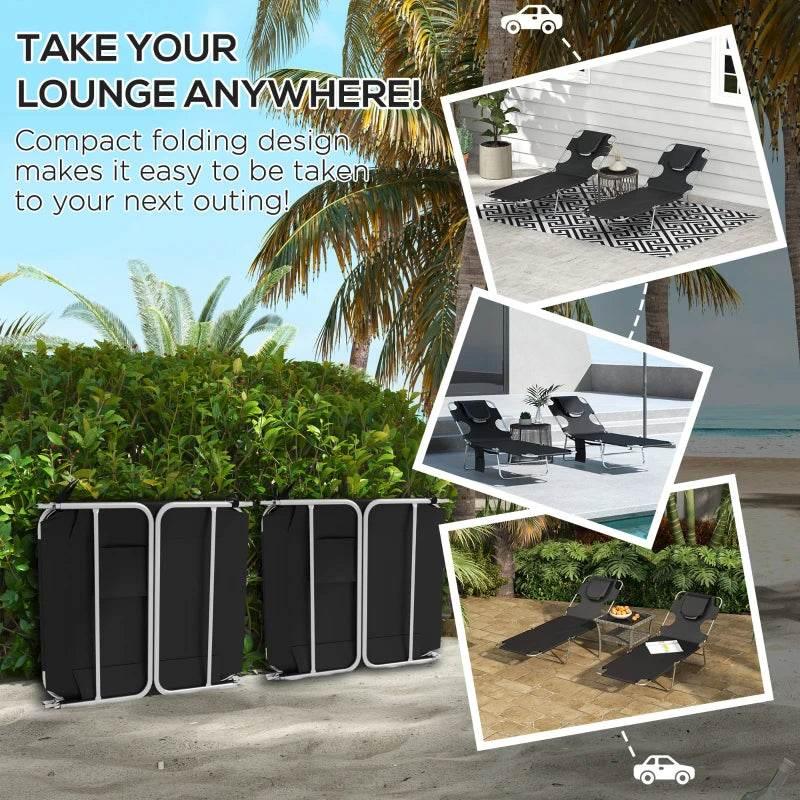 Foldable black sun lounger set with side pocket and adjustable backrest for compact storage