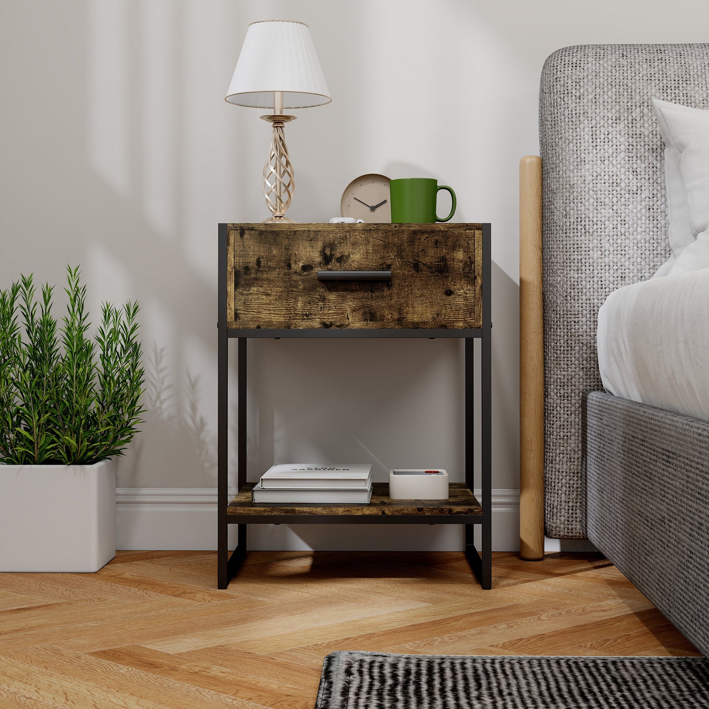 HOMCOM Modern Bedside Table With Drawer And Shelf In Rustic Brown And Black Frame