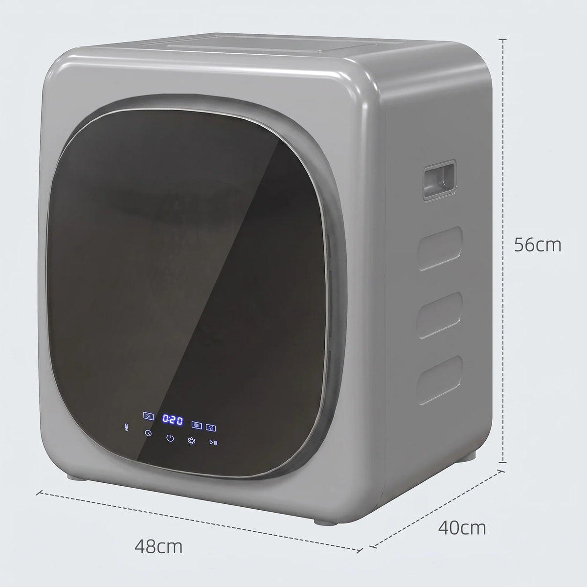 Compact vented tumble dryer front view with dark door and silver side panels
