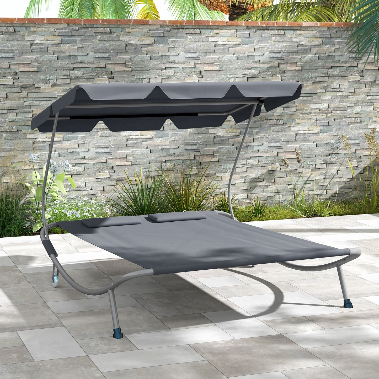 Outsunny Double Outdoor Bed With Adjustable Detachable Canopy Steel Frame And Wheels Light Grey