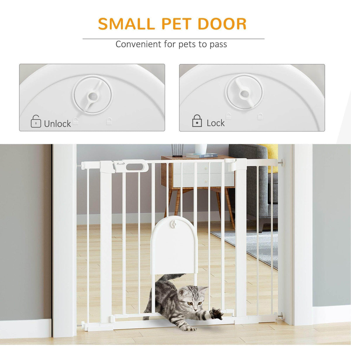 White pet gate small cat door with unlock and lock settings