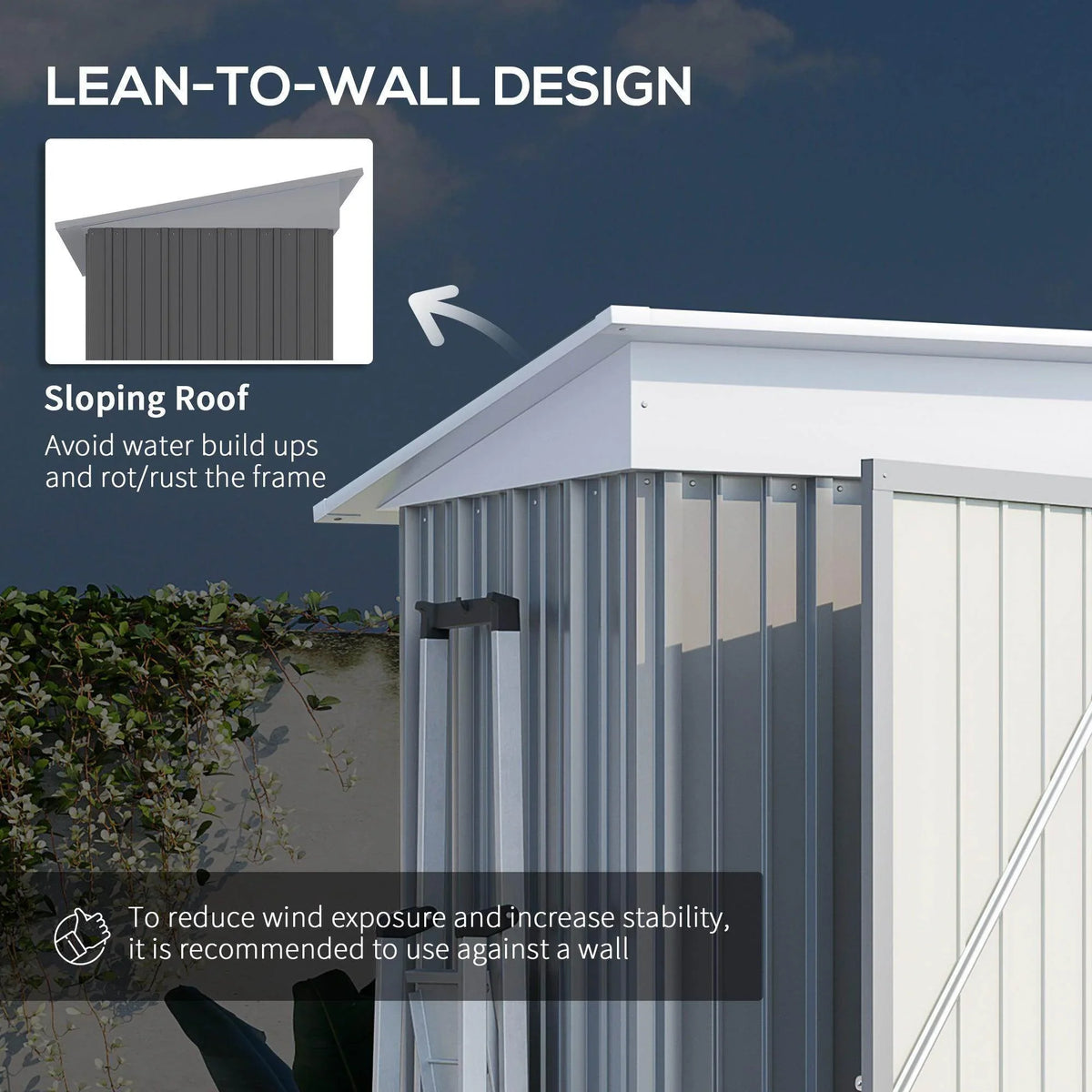 Grey lean-to garden shed with sloping roofline and vertical panel walls