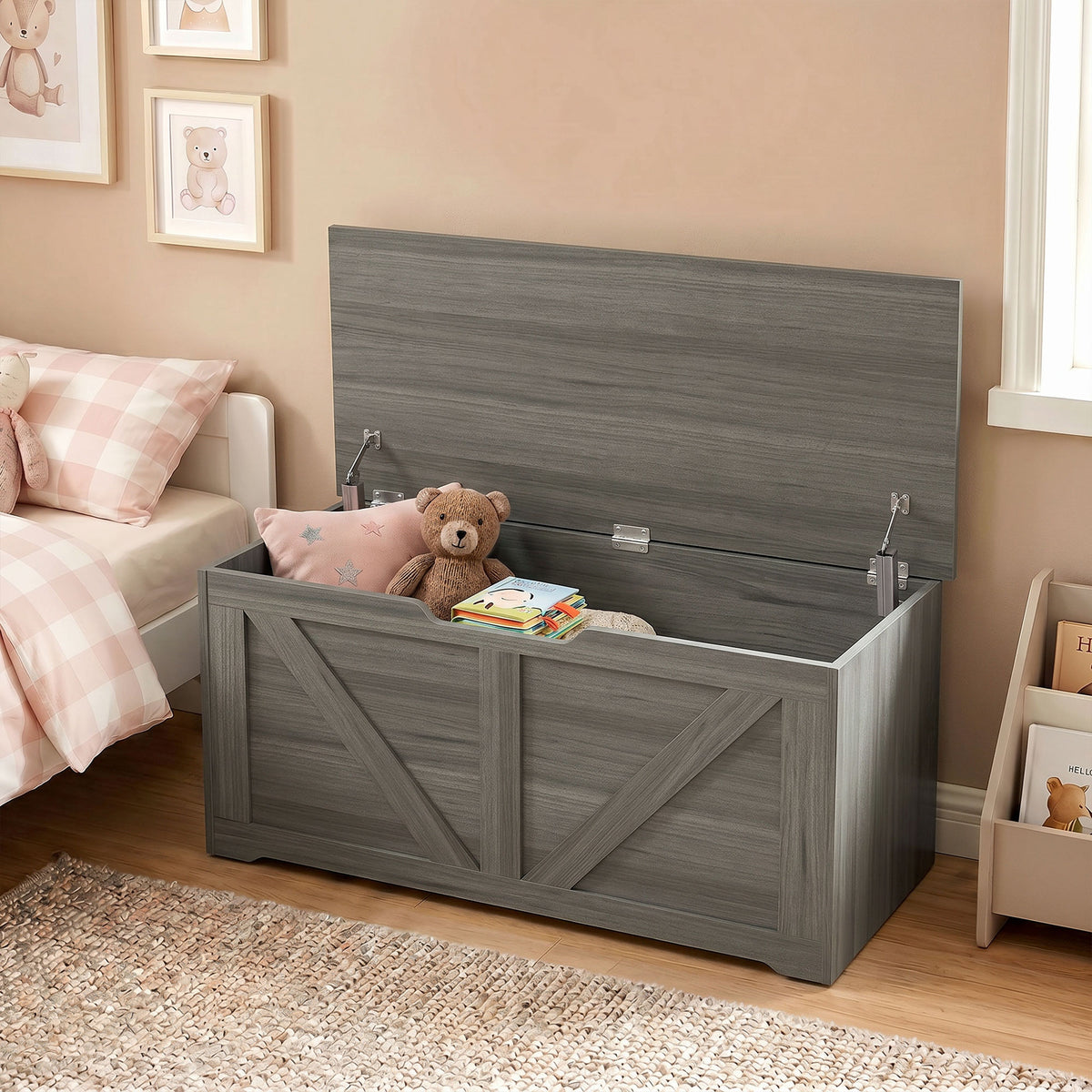 Dark gray wood-effect storage chest with open lid and front panel detailing