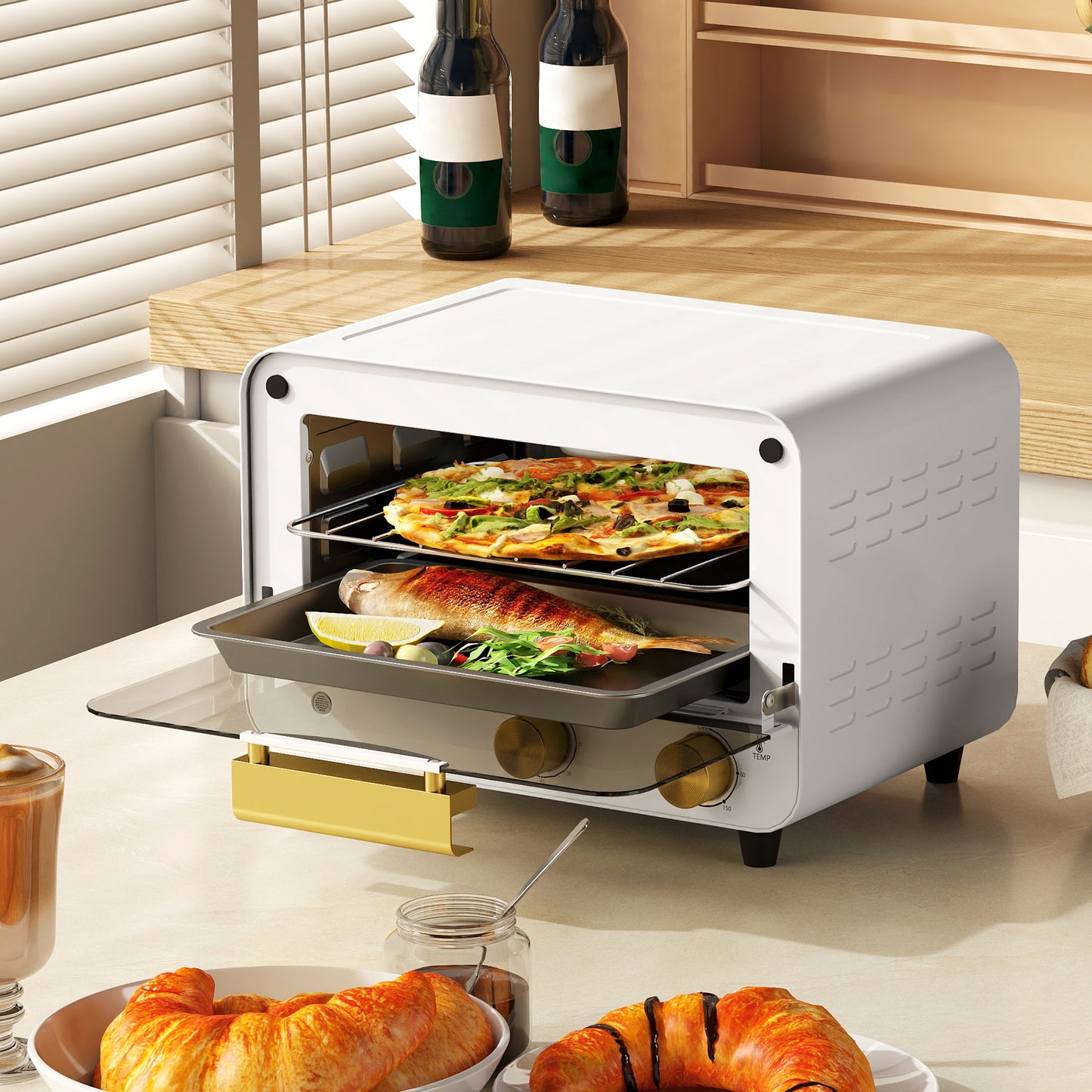 Homcom 12L Multifunction Countertop Toaster Oven With Glass Door 750W Adjustable Temperature And Timer White