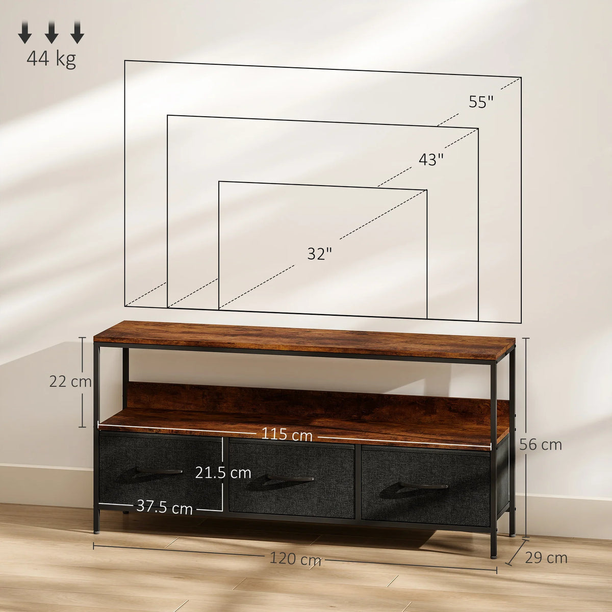 TV stand cabinet with three foldable drawers; rustic brown tabletop and metal legs